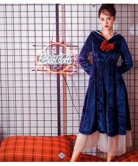 Korean version of coral velvet pajamas women's Japanese navy cute sweet flannel thick warm nightdress