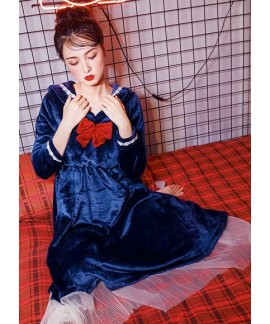 Korean version of coral velvet pajamas women's Japanese navy cute sweet flannel thick warm nightdress