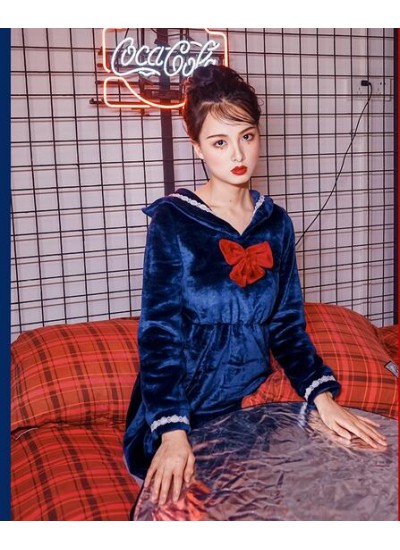 Korean version of coral velvet pajamas women's Japanese navy cute sweet flannel thick warm nightdress
