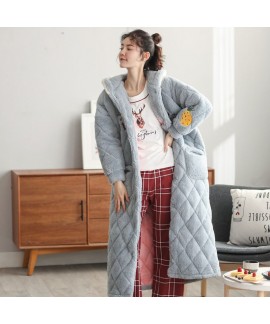 Thick Quilted Hooded Warm Long Flannel Ladies Nightgown