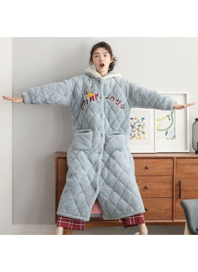 Thick Quilted Hooded Warm Long Flannel Ladies Nightgown