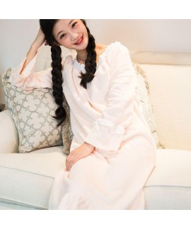 Solid Color Round Neck Long Sleeve Ladies Flannel Nightdress For Winter