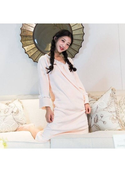 Solid Color Round Neck Long Sleeve Ladies Flannel Nightdress For Winter