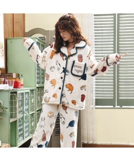 Long Sleeve Thickened Kitten Casual Cartoon Sweet Flannel Lady Pajama Set