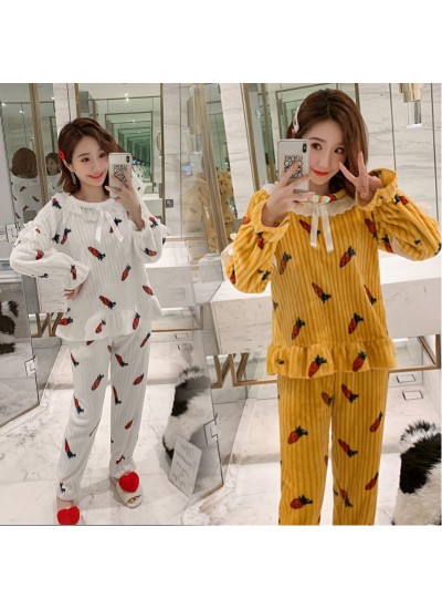 New Cute Thick Warm Ladies Flannel Pajamas Set For Winter