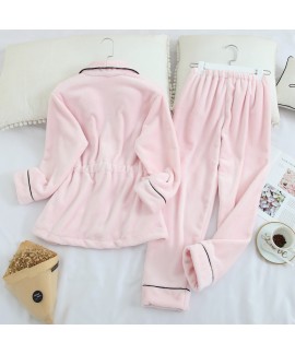 Long Sleeve Sweet Lapel Warm Flannel Ladies Pajama Set