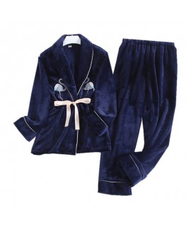 Long Sleeve Sweet Lapel Warm Flannel Ladies Pajama Set