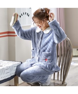 Thickened Plus Velvet Spring And Autumn Flannel Warm Ladies Pajamas Set