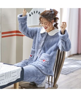 Thickened Plus Velvet Spring And Autumn Flannel Warm Ladies Pajamas Set