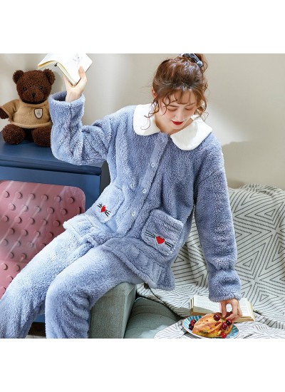 Thickened Plus Velvet Spring And Autumn Flannel Warm Ladies Pajamas Set