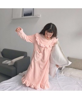 Sweet Loose Mid-length Plus Velvet Thick Long-sleeved Flannel Nightdress