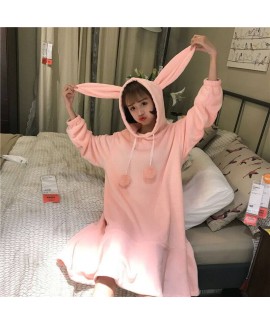 Cute Fur Ball Rabbit Ears Long Sleeve Hooded Ladies Flannel Nightdress For Winter