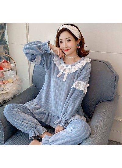 Warm Pullover Round Neck Long Sleeves Thick Lace Flannel Ladies Pajamas