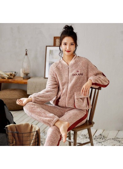 Fashion Zipper Flannel Home Ladies Suit For Winter