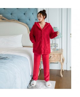 Double-sided Plush Long-sleeved Hooded Red Warm Padded Flannel Ladies Pajamas Suit For Winter