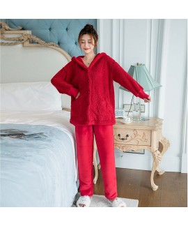 Double-sided Plush Long-sleeved Hooded Red Warm Padded Flannel Ladies Pajamas Suit For Winter