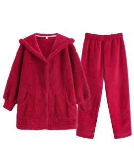 Double-sided Plush Long-sleeved Hooded Red Warm Padded Flannel Ladies Pajamas Suit For Winter