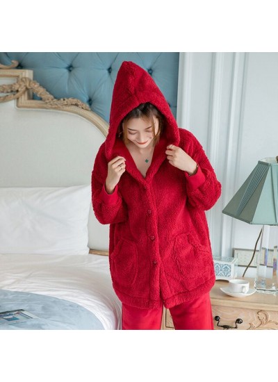 Double-sided Plush Long-sleeved Hooded Red Warm Padded Flannel Ladies Pajamas Suit For Winter