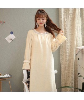 New Thick Warm Long Sleeve Flannel Ladies Long Beige Nightdress For Winter