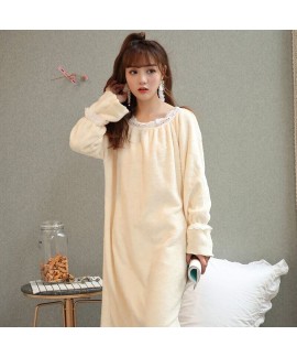 New Thick Warm Long Sleeve Flannel Ladies Long Beige Nightdress For Winter