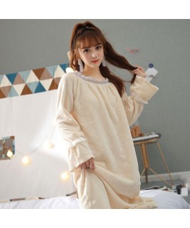 New Thick Warm Long Sleeve Flannel Ladies Long Beige Nightdress For Winter