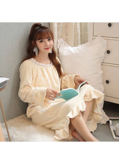 New Thick Warm Long Sleeve Flannel Ladies Long Beige Nightdress For Winter