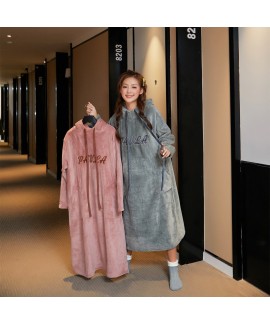 Thickened Long Conjoined Letter Embroidered Hooded Long Flannel Nightdress For Winter