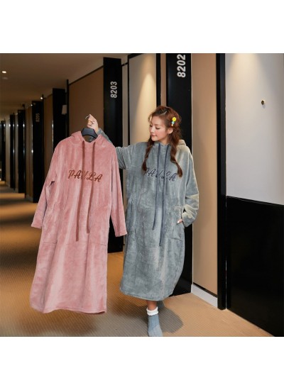 Thickened Long Conjoined Letter Embroidered Hooded Long Flannel Nightdress For Winter