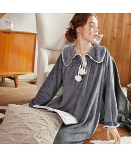 Women's Solid Color Thicken Turtleneck Lapel Long Flannel Nightdress For Winter