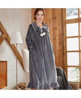 Women's Solid Color Thicken Turtleneck Lapel Long Flannel Nightdress For Winter