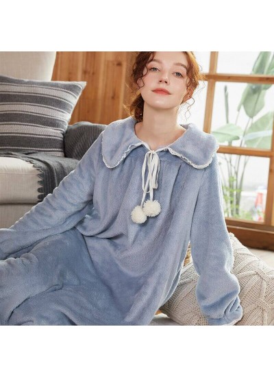 Women's Solid Color Thicken Turtleneck Lapel Long Flannel Nightdress For Winter