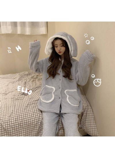 Sweet Loose Rabbit Ears Home Wear Flannel Set For Winter