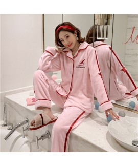 Thick And Simple Long Sleeve Cardigan Ladies Flannel Pajamas Set For Winter