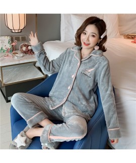 Thick And Simple Long Sleeve Cardigan Ladies Flannel Pajamas Set For Winter