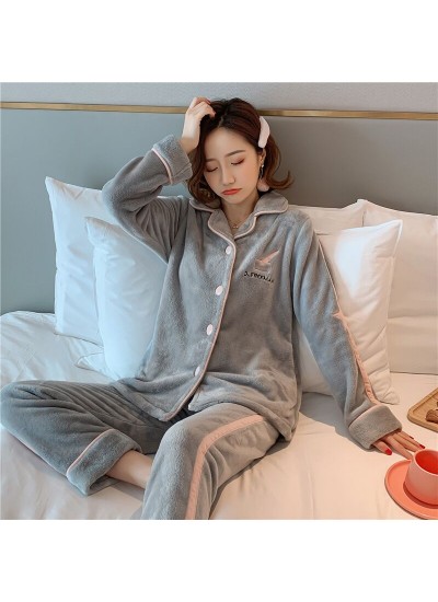 Thick And Simple Long Sleeve Cardigan Ladies Flannel Pajamas Set For Winter