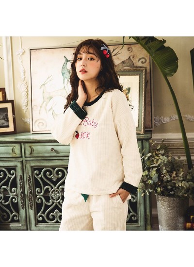 Cute Elegant Long Sleeve Long Pants Flannel Tracksuit For Winter