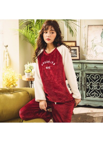 Red Cute Long Sleeve Ladies Flannel Pajama Set