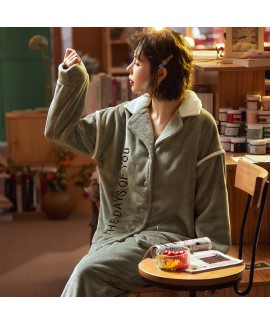 Thick Warm Two-piece Suit Green Lapel Loose Ladies Flannel Pajamas Suit