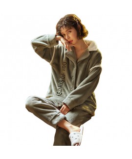 Thick Warm Two-piece Suit Green Lapel Loose Ladies Flannel Pajamas Suit