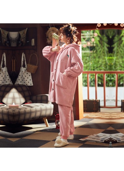 Pink Pineapple Plus Warm Ladies Flannel Pajama Suit