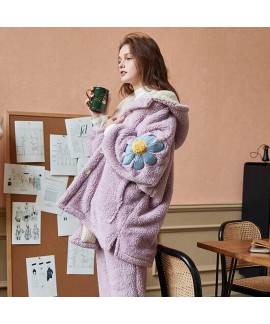 Flannel autumn and winter long suit embroidery ladies pajamas