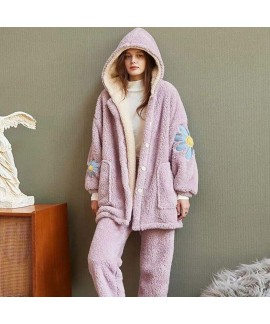 Flannel autumn and winter long suit embroidery ladies pajamas