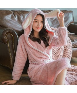 Thickened Rabbit Ears Long Warm Flannel Night Gown For Autumn And Winter