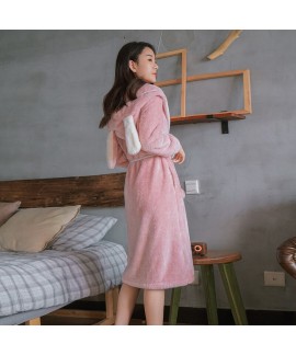 Thickened Rabbit Ears Long Warm Flannel Night Gown For Autumn And Winter