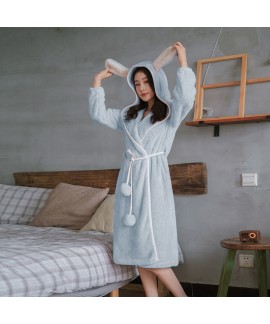 Thickened Rabbit Ears Long Warm Flannel Night Gown For Autumn And Winter