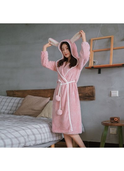 Thickened Rabbit Ears Long Warm Flannel Night Gown For Autumn And Winter