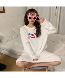 New Cartoon Smiling Face Embroidered Plush Cute Ladies Flannel Nightdress