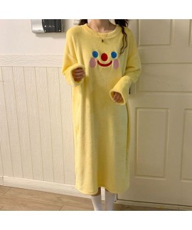 New Cartoon Smiling Face Embroidered Plush Cute Ladies Flannel Nightdress