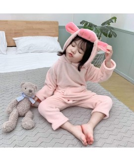 Neutral Flannel Embroidery Cartoon Pajamas Set For Children