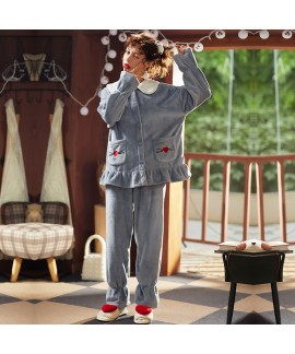 Padded Warm Green Lapel Baggy Two-piece Suit Ladies Flannel Pajamas